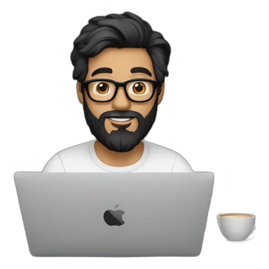 Designer with black hair, beard and glasses working with MacBook and drinking cappuccino  sticker