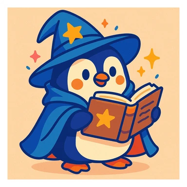 playful style chubby penguin with a wizard hat and cloak, holding an open spellbook sticker