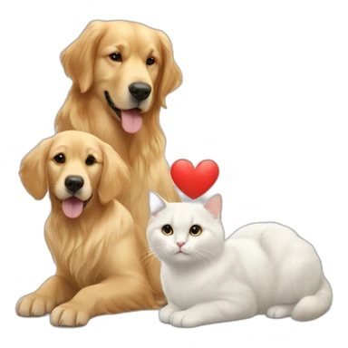 A Golden retriever, a white cat, and a dark gray cat in a red heart sticker