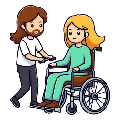 Single 5th Brown haired man with a beard in a wheel chair with long blonde haired mom pushing sticker
