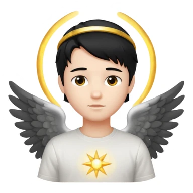 angelic boy with black hair, white t-shirt, glowing halo sticker