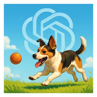 chat gpt image logo on the background of a dog chasing ball sticker