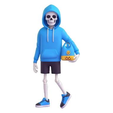 Sans from Undertale, 3D emoji style, blue hoodie, black shorts, white skeleton, simple background sticker