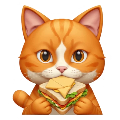 cute orange cat portrait, head and shoulders only, biting a sandwich, funny expression, 3D cartoon, mobile game icon style, clean background, no text, no watermark sticker