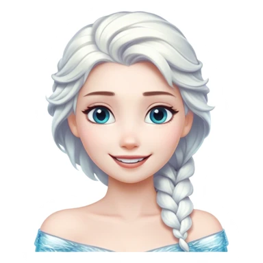 Cinematic Radiant Snow Queen Portrait Emoji, rendered in a realistic, vector style with clean proportions. Show Elsa with a gentle, confident smile, icy pale skin, and luxuriously styled platinum hair, her expression calm and regal. The image glows with a soft, enchanting icy luminescence, high shine, and is accented by a soft glowing outline that enhances her ethereal beauty. sticker
