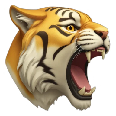 the head of a golden tiger, in profile to the right side, an aggressive growl with flattened ears sticker
