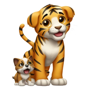 A Tiger surrenders to a puppy. sticker