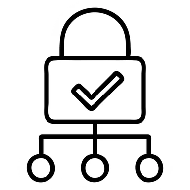 padlock with a checkmark and digital network nodes, clean lines, professional, for an information security expert sticker