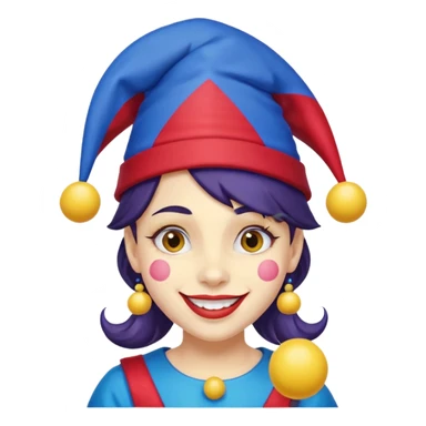 Girl with red and blue jester hat with yellow balls on the ends of the jester hat smiling with rosy cheeks and dark hair sticker