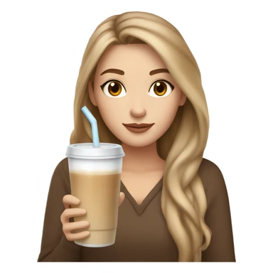 Beautiful white woman, long light brown hair, brown eyes, cozy holding an iced coffee sticker