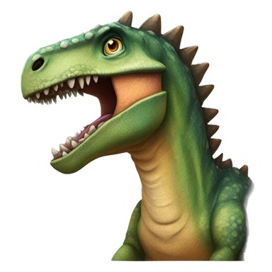 the head of a dinosaur with a beak-like mouth, scaly textured skin, and a row of small spines along its back. The dinosaur has a curious expression with wide eyes and an open mouth. Use vibrant colors to emphasize the dinosaur's playful sticker