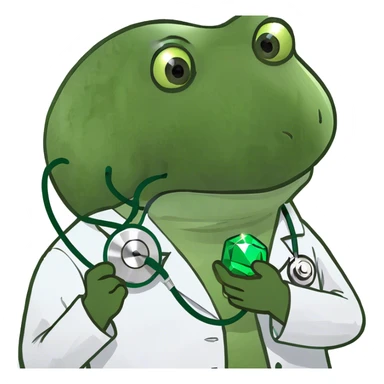 doctor bufo holding a green gem sticker