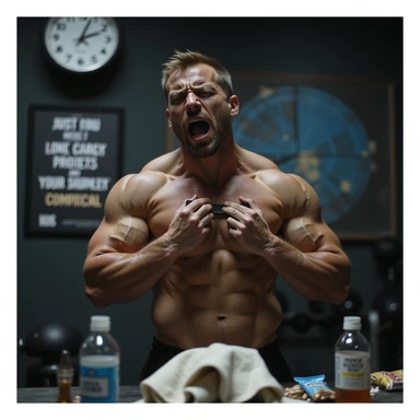 hyperrealistic 4K image of a muscular man in his 30s breathing heavily, panic and stress in his eyes, checking heart rate monitor, gym equipment scattered, gym towel wrung out, empty bottles and protein bar wrappers, veins bulging, harsh lighting, gym clock shows late hour, motivational poster sticker