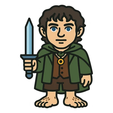 Whole body image of Frodo Baggins from the lord of the rings movie in pixel art style. Make Frodo look like the actor that portrayed him in the movie, Elijah Wood, blue eyes and dark curly hair. Frodo is wearing the same green elven cloak with the leaf buckle, brown vest, cream undershirt, dark brown leather short pants, and hairy hobbit feet. He is wearing a golden yellow ring on a necklace. he's also holding the same blue sword that bilbo is holding in the reference image. sticker