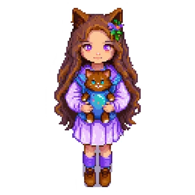 Add a simple, cheerful background to the scene with a girl with long, wavy brown hair, brown eyes, purple clothes, and a three-color cat, in pixel art style. sticker