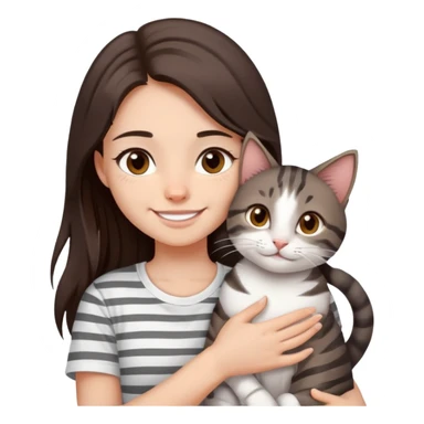 a girl with long dark brown hair, in a
white T-shirt and brown eyes, smile, hugs a tabby
dark grey and white strips one cat sticker