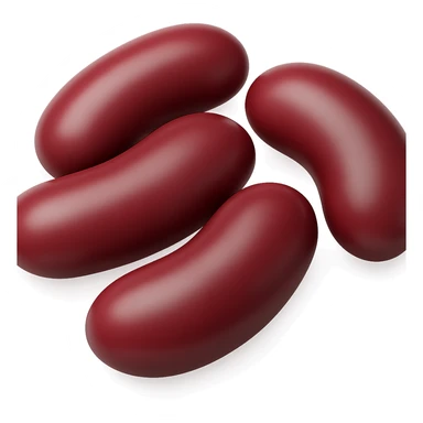 Show exactly 5 large red kidney beans, loosely arranged, each bean bigger than before, smooth glossy surface, deep reddish-maroon color, typical curved kidney shape, natural variation in size and hue, dry and polished, 3D-rendered, clean, minimal, soft shadows, no faces or packaging, transparent background, emoji scale. The style should resemble a clean and minimal 3D-rendered emoji style with transparent background. sticker