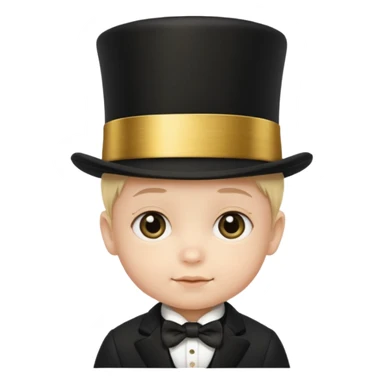 a baby face in a black top hat with a gold stripe sticker