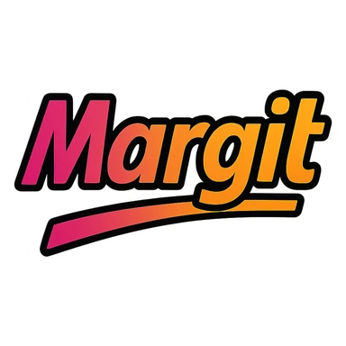 Margit name in modern colorful gradient font with dark outline, dynamic slanted or partial underline, transparent background, in the style of reference patterns sticker