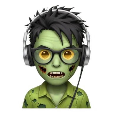 make a zombie iphone emoji with black  glasses, scratches black spiky hair and headphone, green skin
 sticker