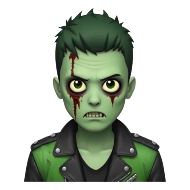 Hombre zombie de piel verde con chaqueta de cuero punk, pelo corto negro sticker