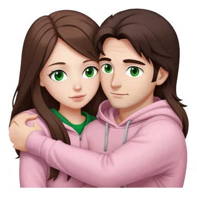 white woman with very long brown hair and green eyes in a light pink outfit hugging a white man with dark brown hair and black hoodie sticker
