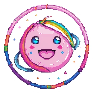 pink planet with vibrant rainbow rings and a cute winking face sticker