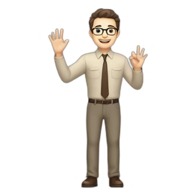 To belt Actively gesturing with hands Okay Pale skinned fit man with dark brown hair in gray jacket, beige office shirt, brown tie, brown pants and vintage glasses. sticker