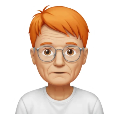 old man, orange hair, no mustache, wearing glasses, long face, wearing a white t-shirt sticker