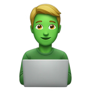 man, with a laptop, green stone logo on the laptop sticker