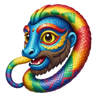 Oxumarê, African deity as rainbow serpent with human face, having a small goatee beard and a beauty mark on the left side below the lip sticker