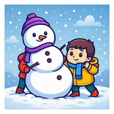 Add a snowy background behind the kids building a snowman, keep the original sticker style sticker