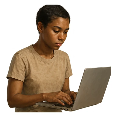 A young woman with short dark hair and a dark skin tone, focused on her laptop, minimal background, realistic style, natural lighting, detailed sticker