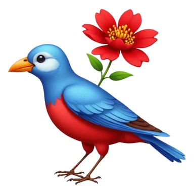 A bird carrying a red flower sticker