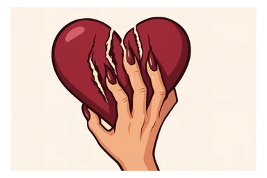 женская рука с маникюром вгоняет когти в винного цвета сердце и сильно раздирает царапает его (пальцы полусогнуты ногти вогнаны в царапины) рисованный стиль sticker