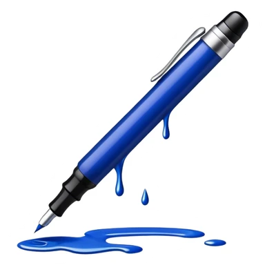 Create a vibrant emoji featuring a classic ink pen (fountain pen) as the main symbol of prose writing. The design should highlight the elegant curves of the pen, with ink flowing from the nib onto a blank page or scroll. Use deep ink blue, black, and subtle metallic accents to convey sophistication and creativity. The emoji should be simple yet striking, representing the art of storytelling. Make the background transparent. sticker