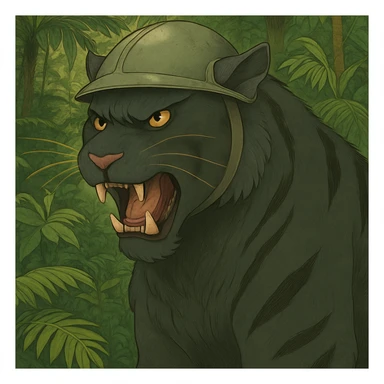Add a lush jungle background behind the angry black tiger wearing a helmet, keep the original style and mood sticker