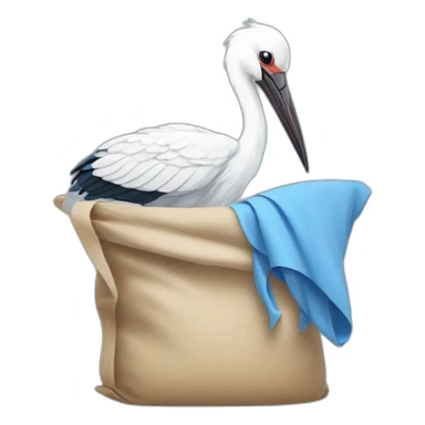 White stork carrying a blue bundle of cloth in its beak that has a human person cute baby human and the human baby head is peeking from the fabric bundle the strok is carrying in its beak sticker