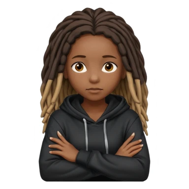 African American dark skin girl with shoulder length dreadlocks wearing a plain black hoodie with her arms folded across her chest sticker