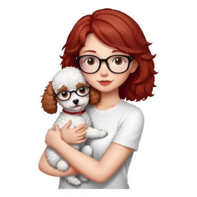 Girl with medium-short dark brown-red hair with glasses, white t-shirt, brown eyes, hugging a white toy poodle sticker