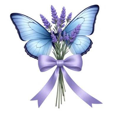 A luxurious satin bow in soft ivory is carefully tied around a bouquet of dried lavender, its delicate texture contrasting with the smooth silk. A single pale blue butterfly with translucent wings perches atop the bow, as if drawn to its quiet beauty. Another butterfly hovers nearby, casting intricate shadows over the fabric folds. sticker