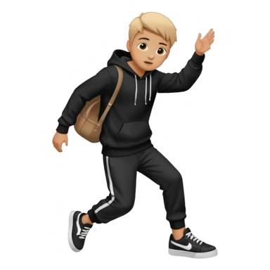 A boy wearing black hoodie and a white and black shoes sticker