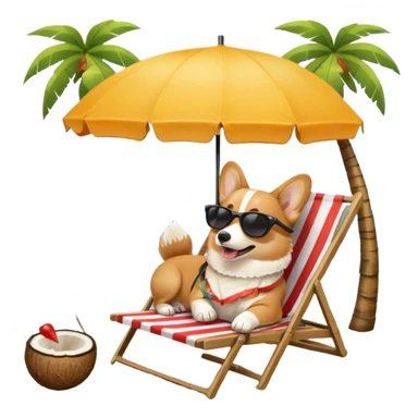 a corgi dog laied on a beach chair, a sunny beach, a sun umbrella, and beach coconut trees. the icon should capture the essence of a relaxing beach vacation with a carefree atmosphere sticker
