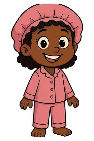 cartoon style smiling black girl in pink pajamas and a pink satin bonnet, no background sticker