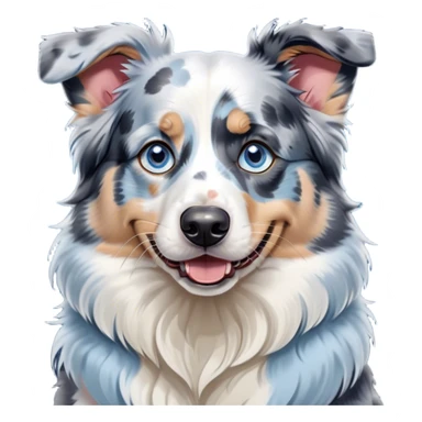 Cinematic Comical Blue Merle and White Australian Shepherd Portrait Emoji, Head tilted dramatically with an exaggeratedly shocked or offended expression, short blue merle fur with striking white patches, wide, expressive blue eyes filled with exaggerated disbelief, Simplified yet hilariously expressive features, highly detailed, glowing with a slightly sassy glow, high shine, dramatic yet playful, stylized with an air of attitude, bright and endearing, soft glowing outline, capturing the essence of a sassy and over-the-top pup, so meme-worthy it feels like it could side-eye its way into internet fame instantly! sticker