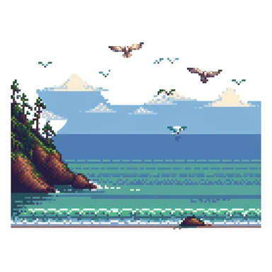 coastline with seagulls flying above in pixel art style sticker