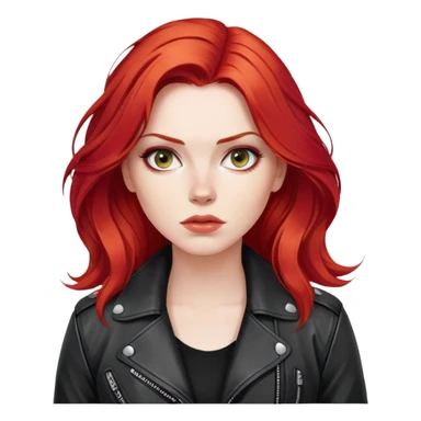 A close-up portrait of a woman with bright red hair styled in loose waves. She is wearing a black leather jacket, with a rebellious, confident expression and a dark urban backdrop sticker
