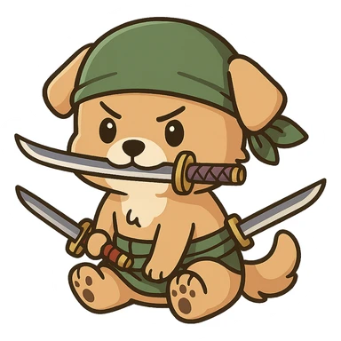 chibi dog as Zoro, green bandana, three swords, sitting, determined expression sticker