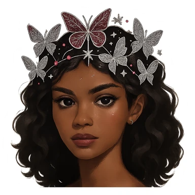 Change the butterfly crown to sapphire pink with silver butterflies and star accents, celestial and bold. Keep the background transparent. sticker