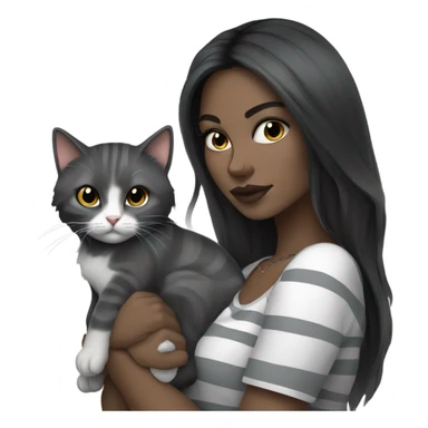 Beautiful dark haired tattooed woman holding gray and white stripe long haired cat sticker